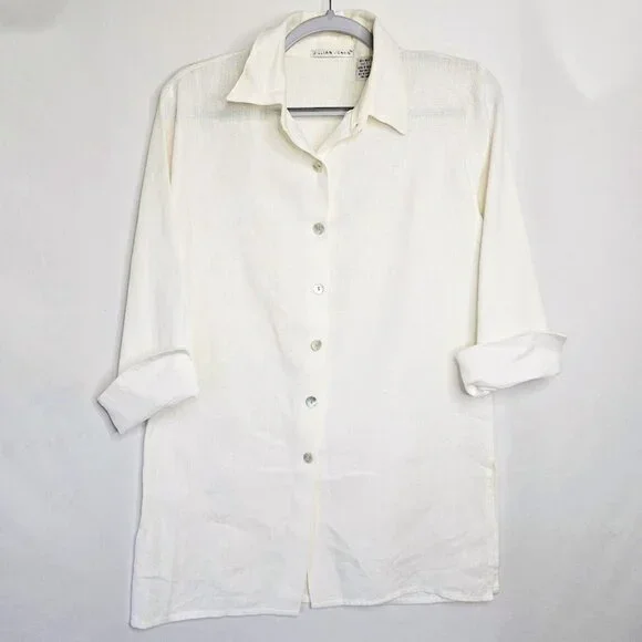 Vintage JILLIAN JONES 100% Linen Button Up Shirt Blouse Top OFF WHITE size S - Picture 3 of 8